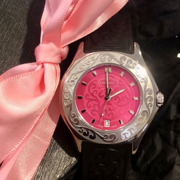 LOIS HILL Round Hot Pink Scroll Face Watch Filigree Rubber Band Sapphire Crystal - Picture 9 of 17